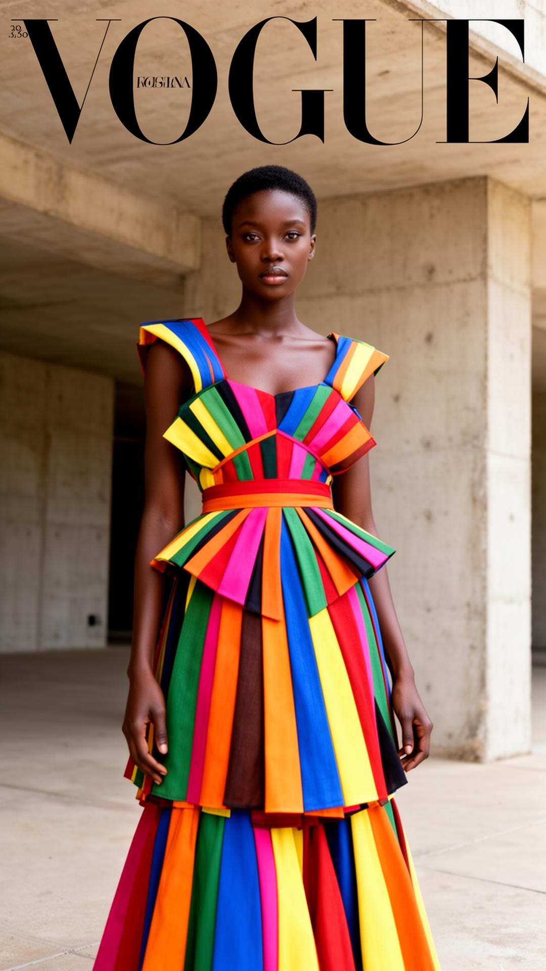 Editorial portrait in vibrant avant-garde dress against concrete architecture