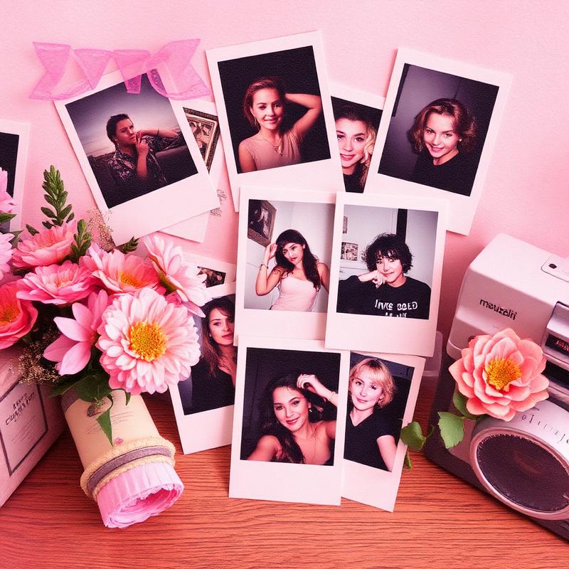 Pink polaroids and flowers in a Tumblr-era aesthetic